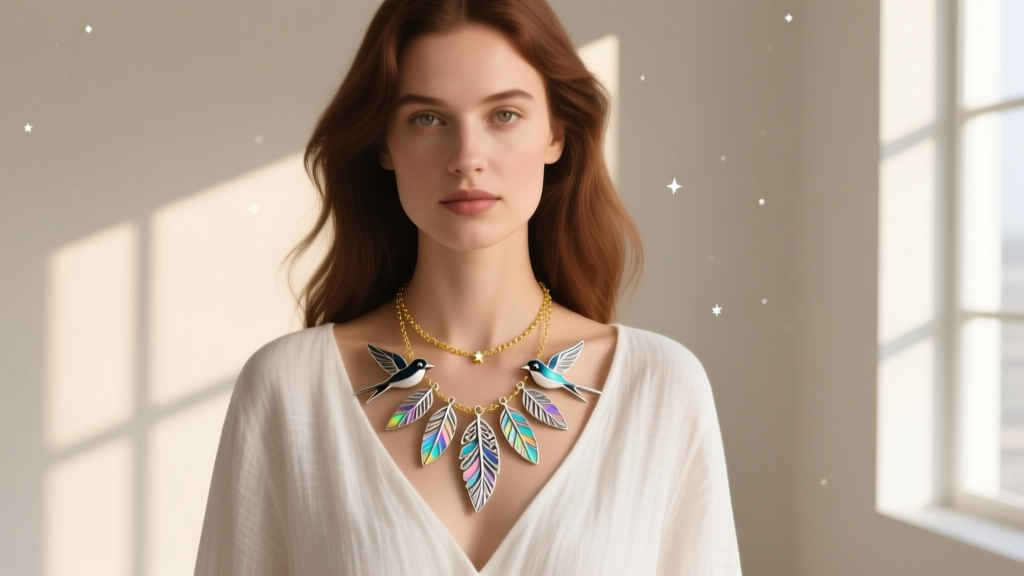 Woman wearing a layered alice in wonderland sparrow necklace over a white linen top, paired with a delicate gold satellite chains.