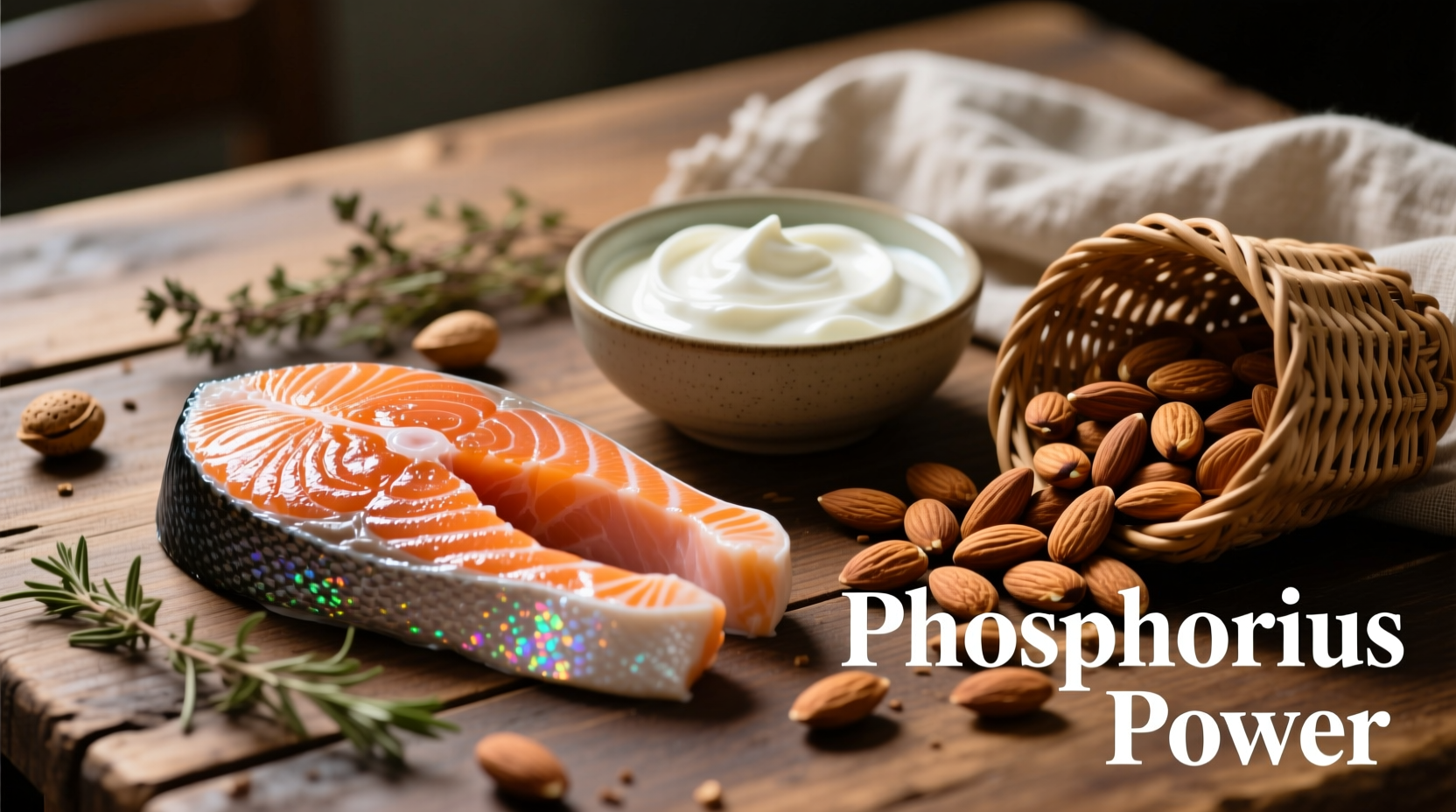 Colorful display of phosphorus-rich foods including salmon, yogurt, and almonds