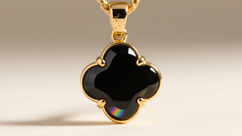 Macro photography of an 18k gold prong setting securing polished black onyx in a clover pendant, showing minor wear and texture