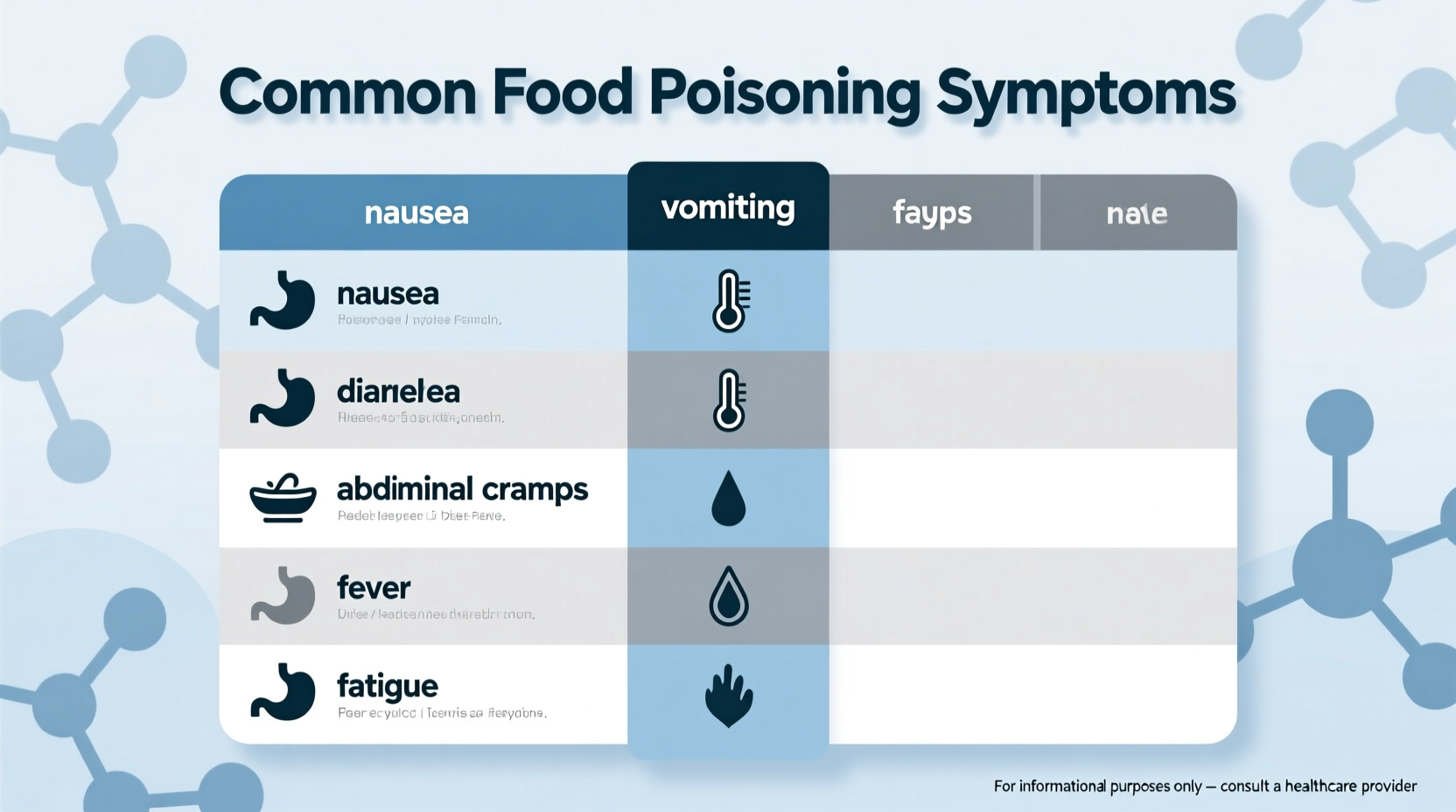 Food poisoning symptom comparison chart showing common signs