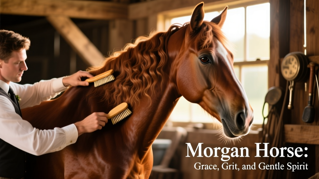 Close-up of a groom brushing a Morgan horse’s glossy chestnut coat, with attention to its thick, wavy mane