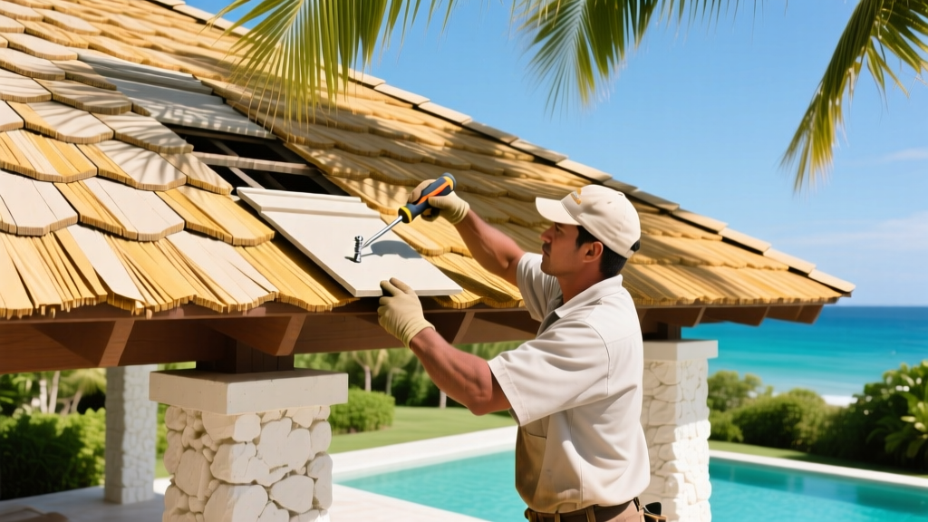 Worker replacing damaged HDPE synthetic thatch shingles on a tropical resort pavilion roof using stainless steel screws.