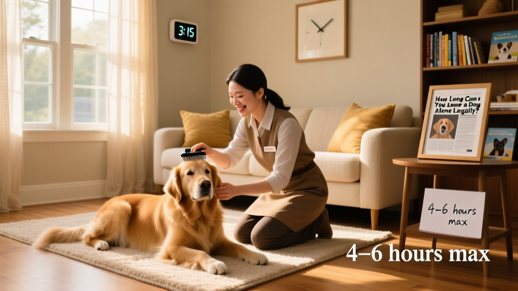 A friendly, experienced pet sitter gently interacting with a calm dog in a cozy living room setting