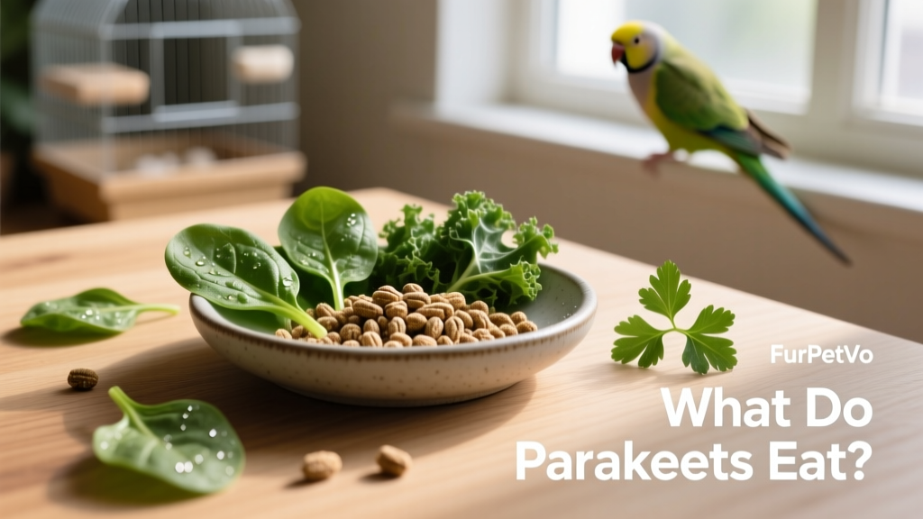 Close-up of FurPetVo premium parakeet pellets in a clean ceramic dish, with a few fresh greens nearby
