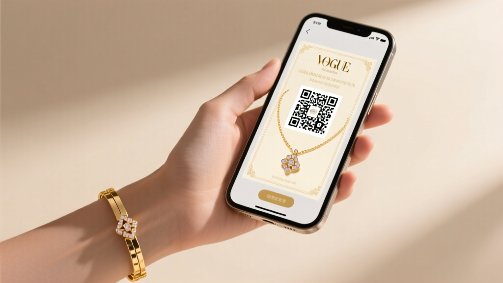 Hand wearing a gold bracelet holding a smartphone displaying a digital jewelry gift certificate QR code in daylight.