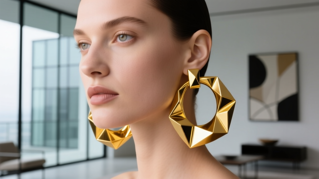 Close-up of a fashion model wearing oversized 18k yellow gold sculptural hoop earrings, studio lighting, blurred modern background.