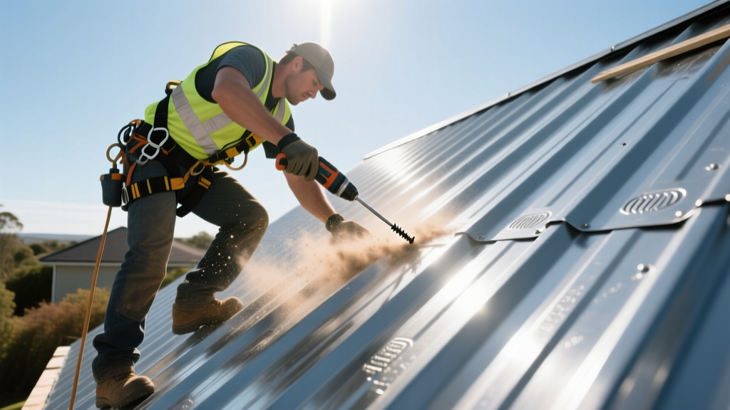 Contractor in harness driving neoprene-washer screws into silver corrugated galvalume steel panels on a sloped residential roof