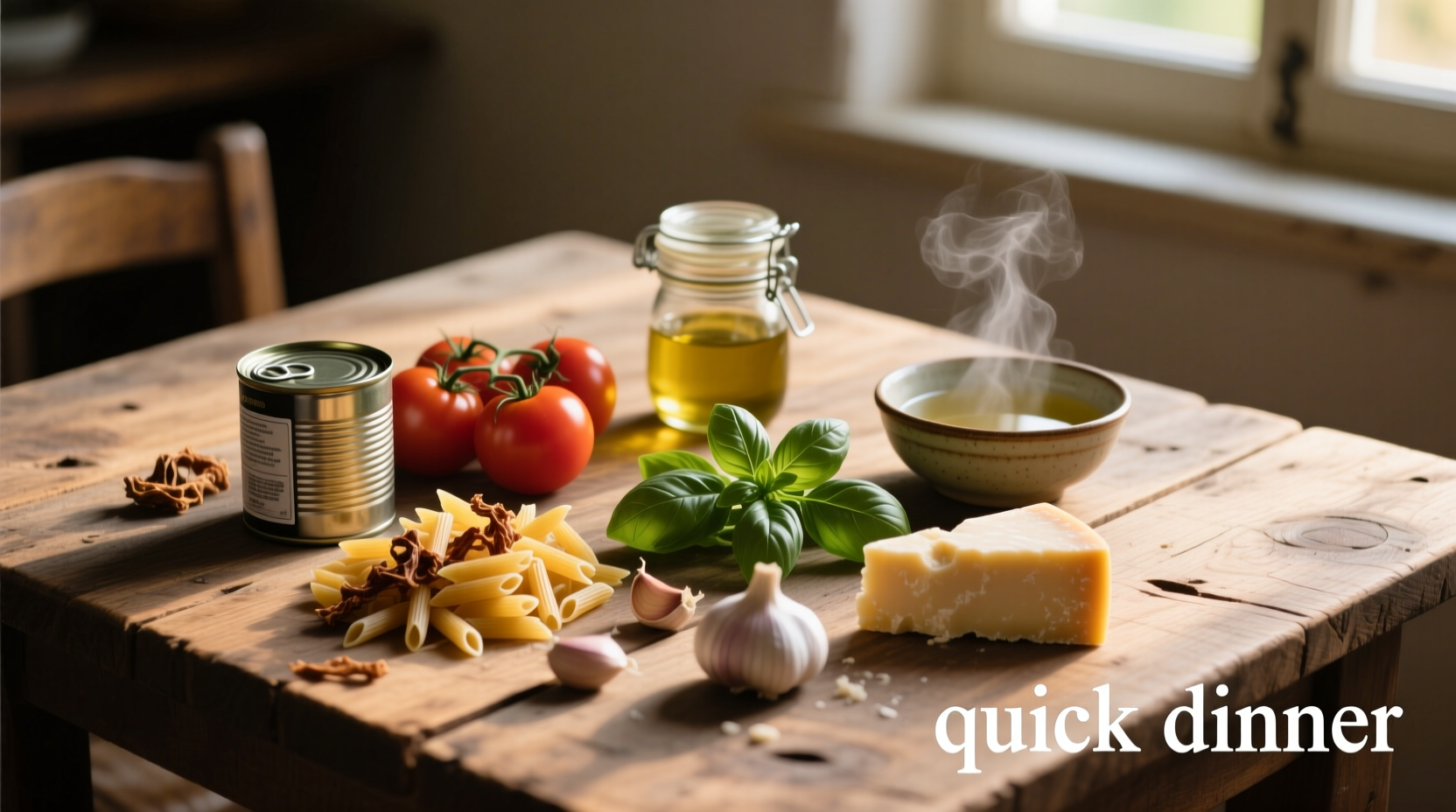 Quick dinner ingredients arranged on wooden table