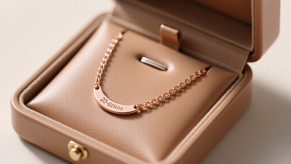 Slotted leather necklace box holder securing a delicate 20-gauge rose gold chain, photographed from a top-down macro perspective.