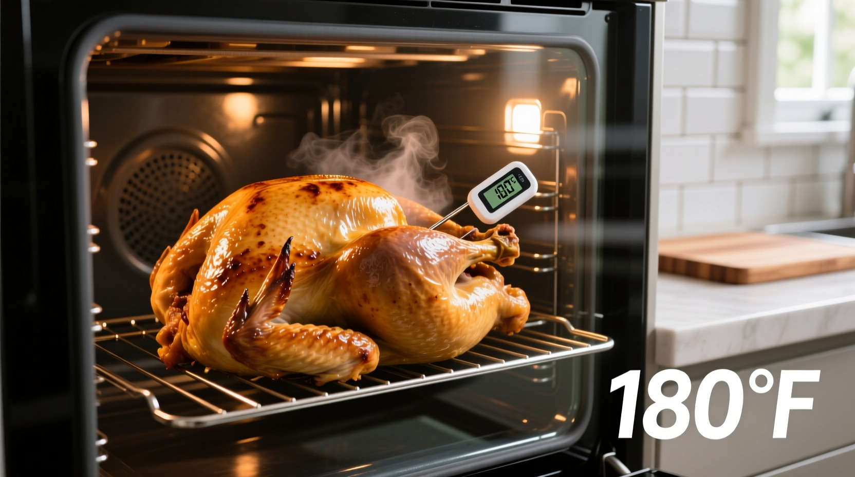 Turkey roasting in oven with thermometer