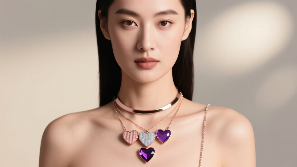 Woman wearing a layered stack featuring a 3 heart necklace in the center, flanked by a plain choker and a long pendant chain