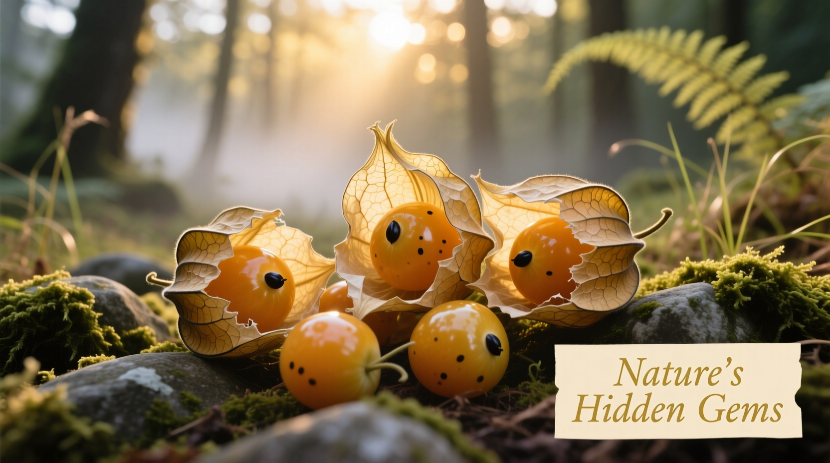 Golden ground cherry fruits spilling from papery husks