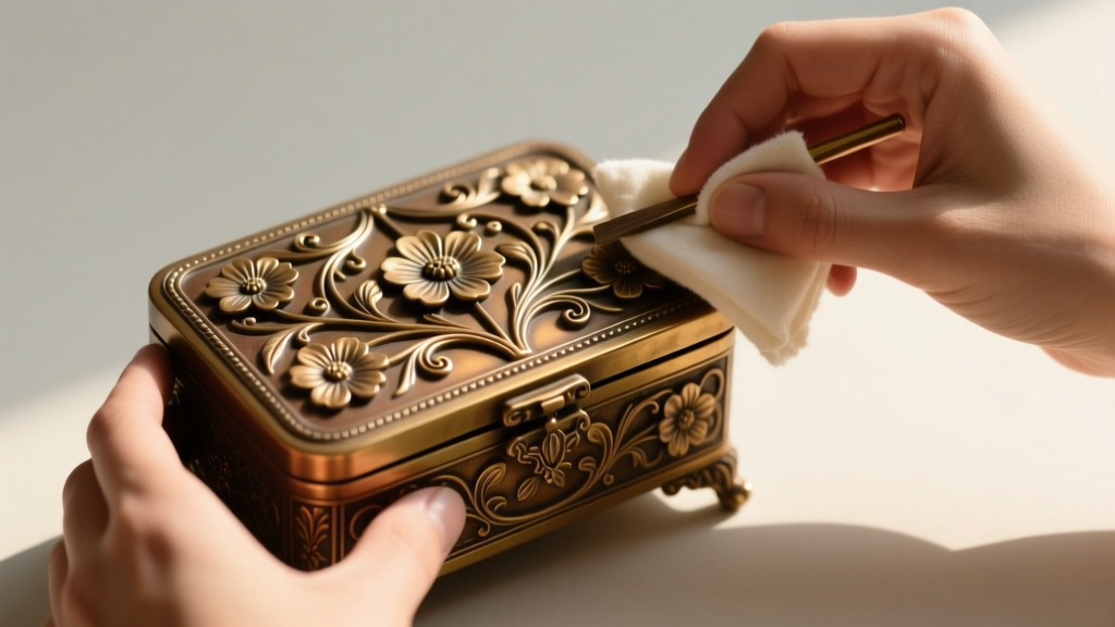 Hands polishing a Victorian bronze jewelry box with a cloth, highlighting the intricate floral repousse metal details on the lid.