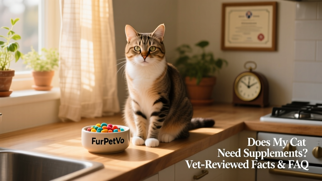 A calm, healthy adult cat sitting beside a small bowl of supplements labeled 'FurPetVo'