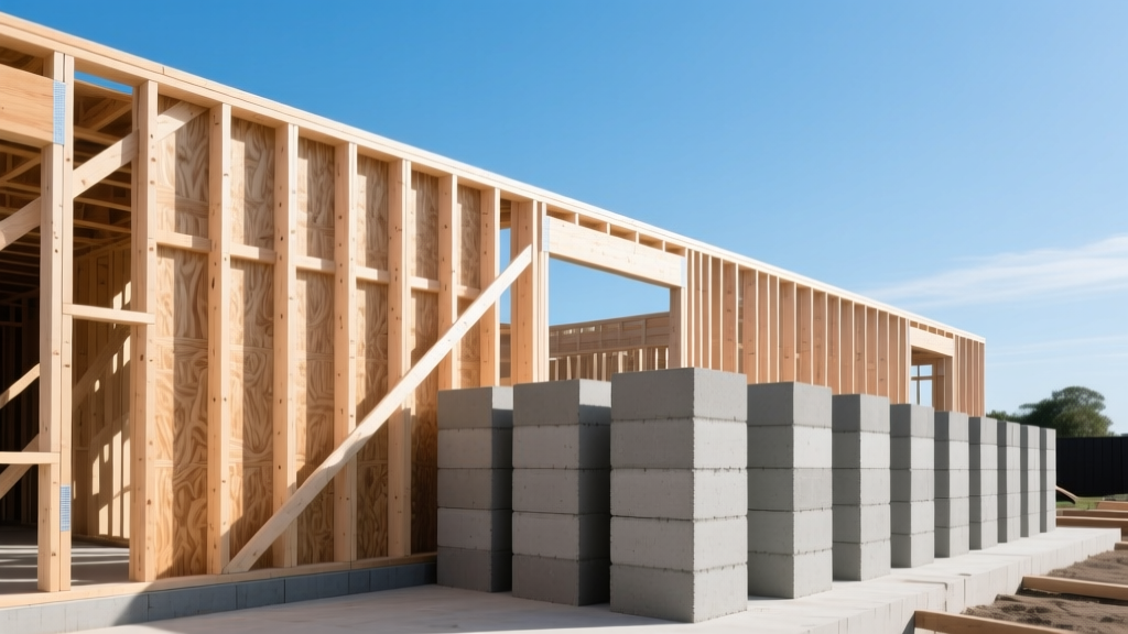 Modern residential construction site showing exposed light-frame timber stud walls next to stacked gray concrete masonry units under clear sky