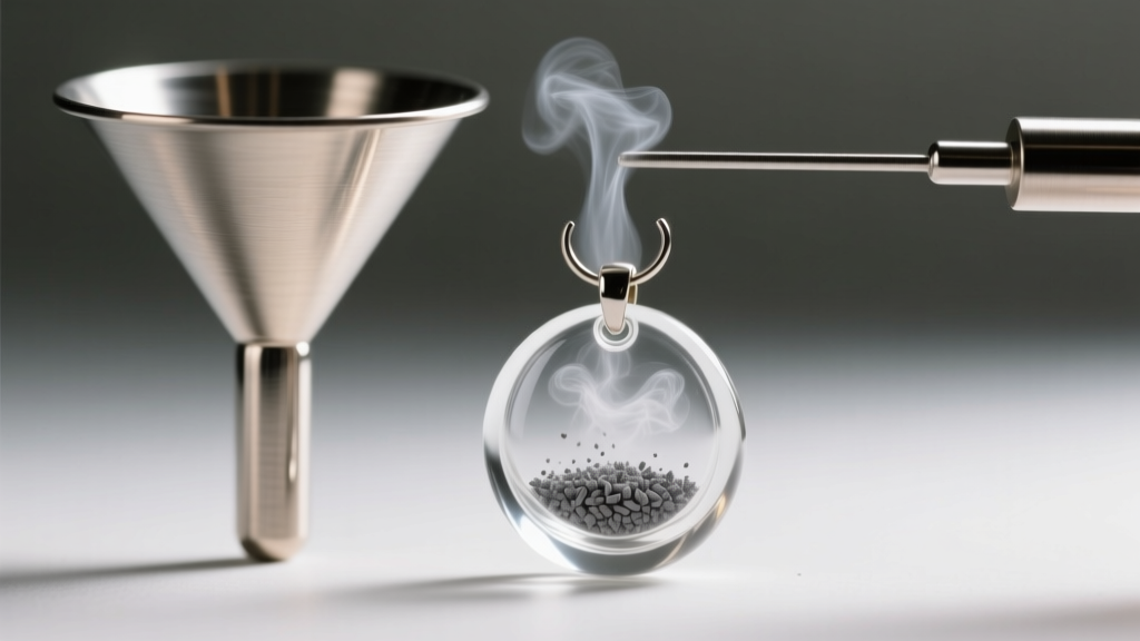 Close-up of a steel funnel and packing rod transferring fine gray cremains into a glass memorial pendant under soft studio lighting