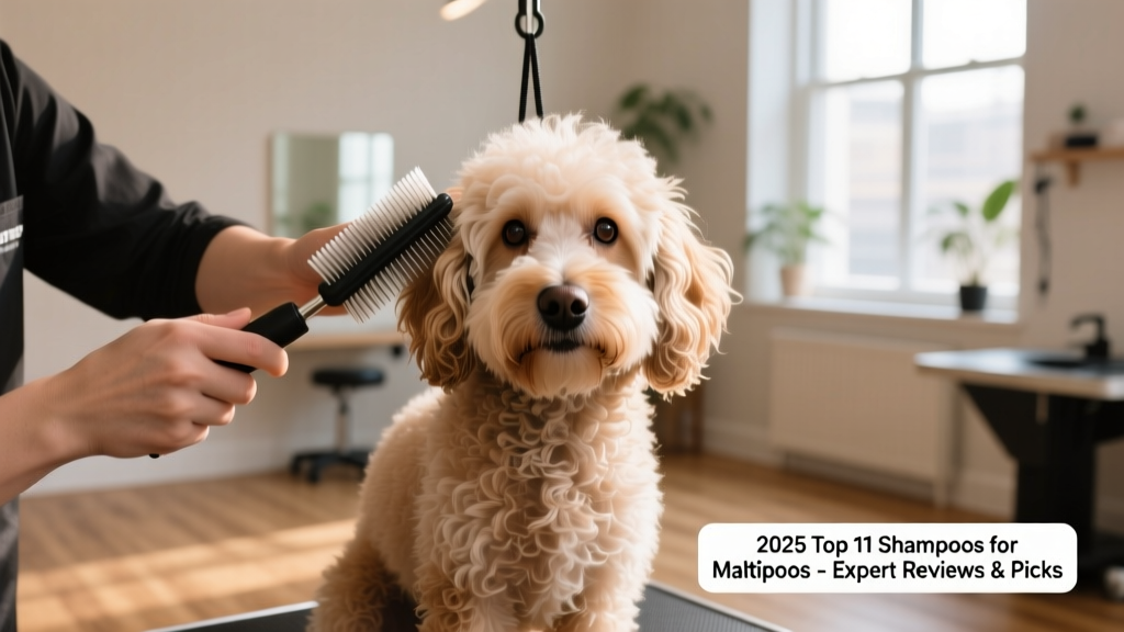 A groomer brushing out a freshly dried Maltipoo with a slicker brush, highlighting soft, tangle-free coat
