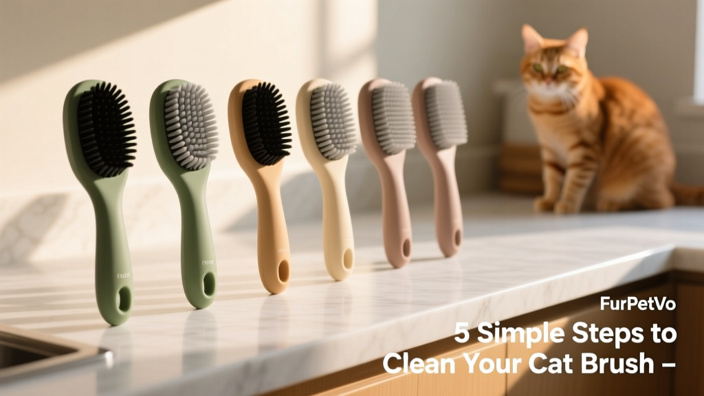 Neat row of clean, dry FurPetVo cat brushes standing upright on a countertop