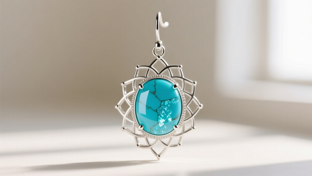 Macro shot of stabilized turquoise in a silver chandelier earring, showing the smooth stone matrix and bright blue color hue