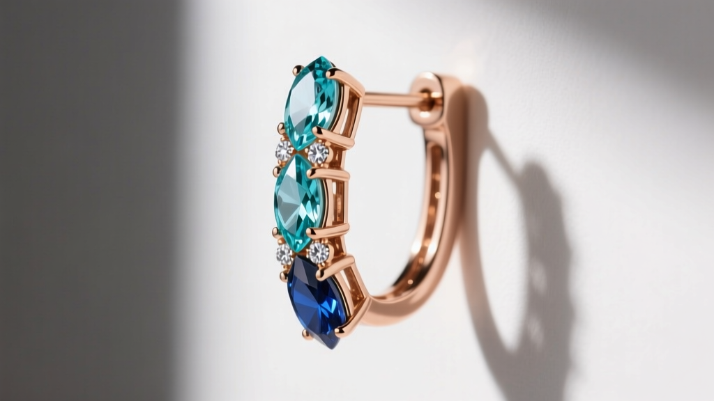 Side profile of a 14k rose gold ear climber earring with graduated marquise aquamarines and round brilliant diamond accents.