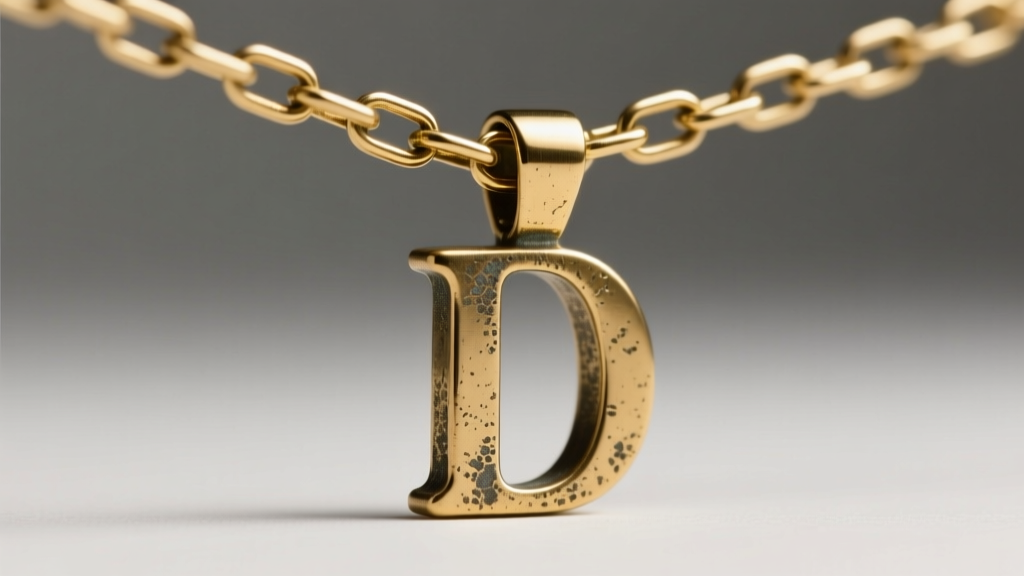 Macro shot of a 5mm gold paperclip chain connecting to a heavy brass initial pendant bail, showing metal texture and clasp details