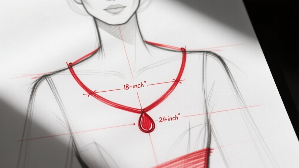 Close-up of a fashion croquis on tracing paper showing precise 18-inch and 24-inch necklace drop guidelines drawn in red pencil.