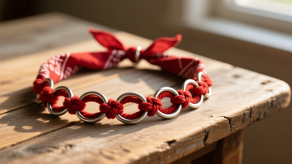 A red cotton DIY bandana necklace woven through silver jump rings resting on a rustic wooden table in warm natural light.