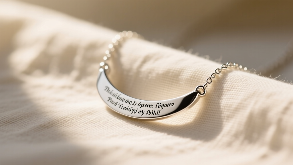 Close-up of a delicate sterling silver bible verse necklace resting on soft linen cloth, illuminated by warm natural morning light.