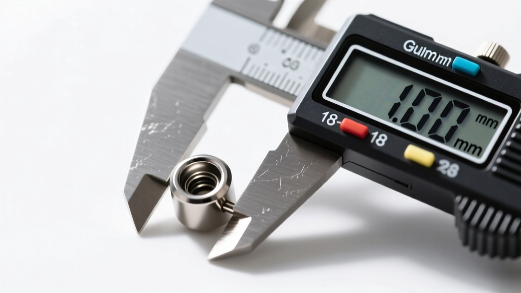 Close-up of digital calipers measuring the millimeter thickness of an 18-gauge titanium labret stud on a clean white background.
