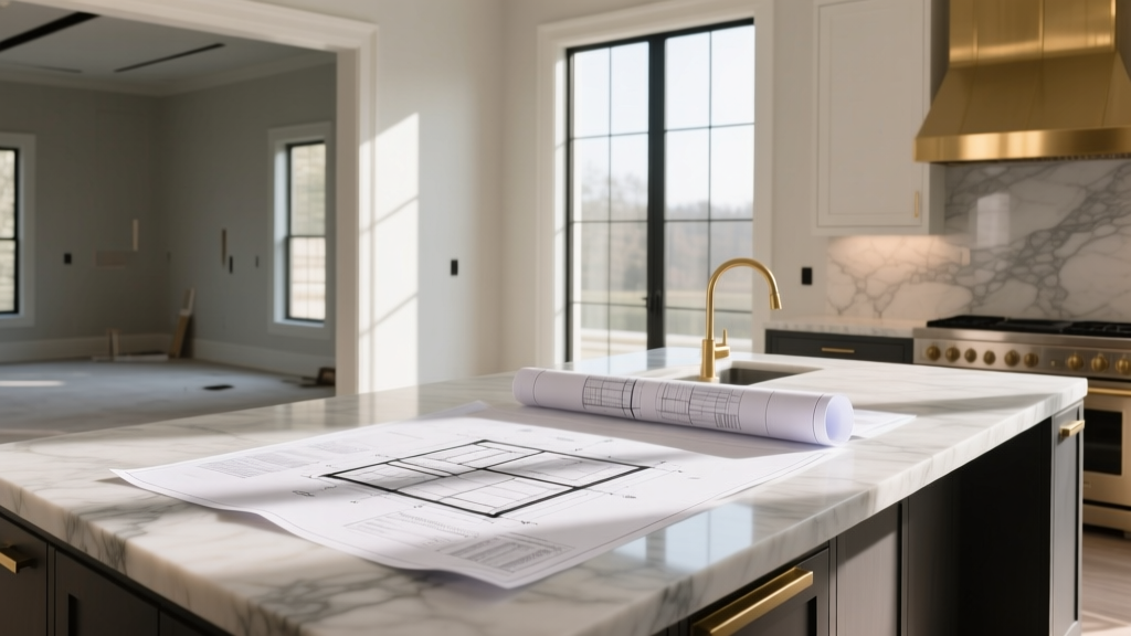 Architectural blueprints and financial documents spread across a marble kitchen island in a partially framed luxury custom home build