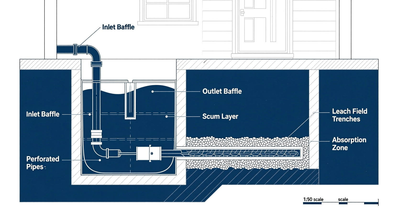 Professional septic system diagram with labeled components