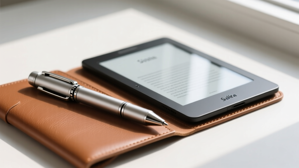Close-up of a telescopic silver stylus collapsing into a compact cylinder next to a Kindle Scribe resting on a slim leather folio case.