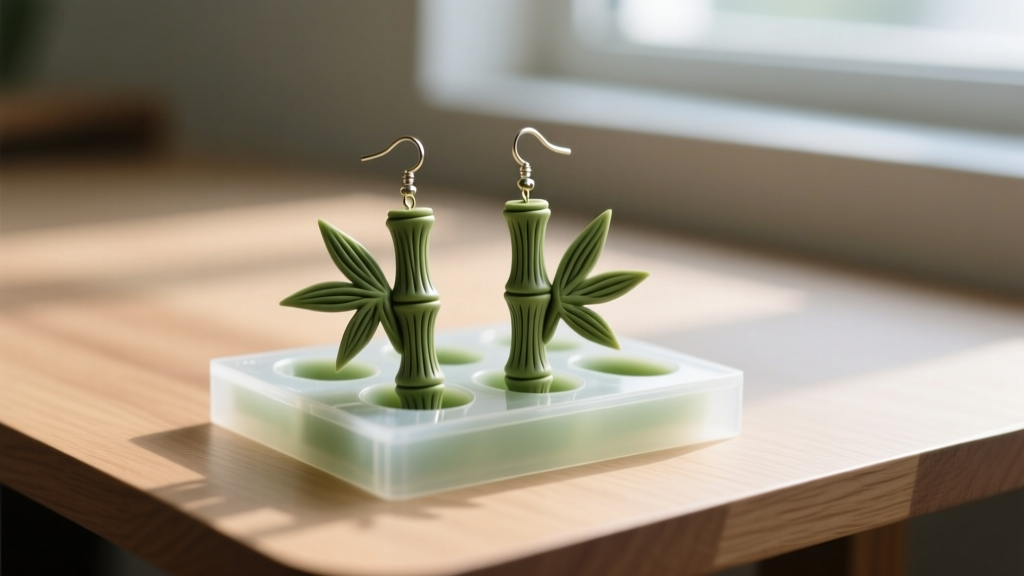 Polymer clay bamboo earrings flexed out of a silicone mold on a desk, showing crisp and highly detailed botanical node textures.