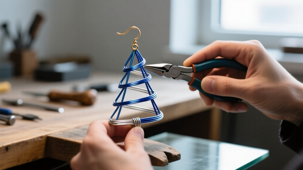 Close-up of a jeweler using nylon-jaw pliers to shape 20-gauge niobium wire into a geometric Christmas tree earring framework