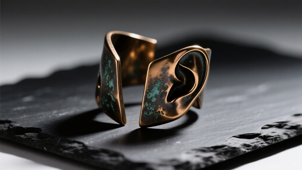 Macro shot of a split-toe avant-garde bronze ear cuff with dark patina on black slate under moody directional studio lighting