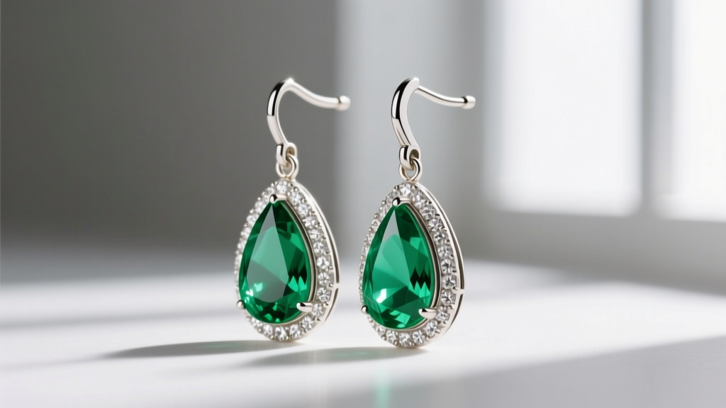 Side profile of 14k white gold drop earrings with pear-cut lab emeralds, secure 18-gauge post wires, and diamond halo accents.