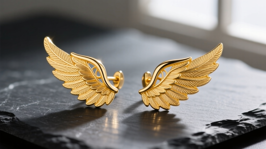 Close-up of 14k yellow gold angel wing earrings resting on a dark slate surface, highlighting intricate feather filigree details.