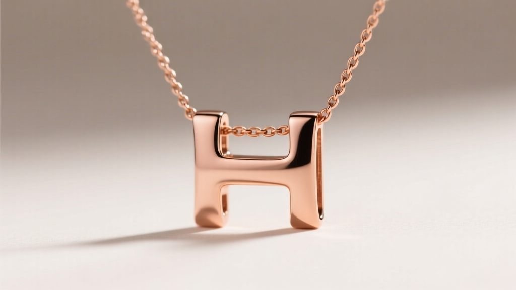 Rose gold H pendant sliding onto a 1.2mm rope chain, showcasing bail size and metal color contrast in soft studio lighting setup.
