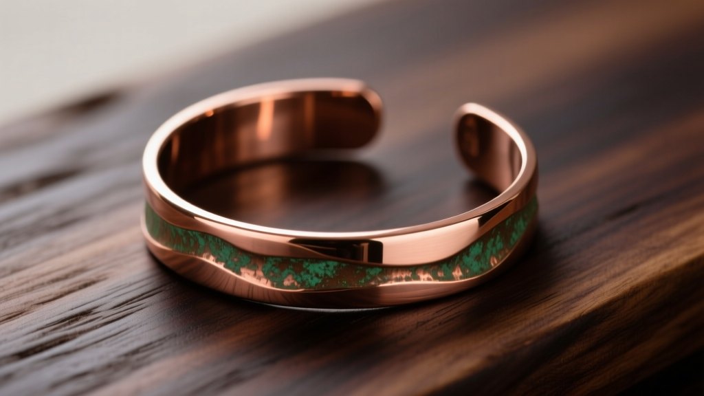 Polished solid copper cuff bracelet on dark wood showing high reflectivity and zero oxidation or green patina spots