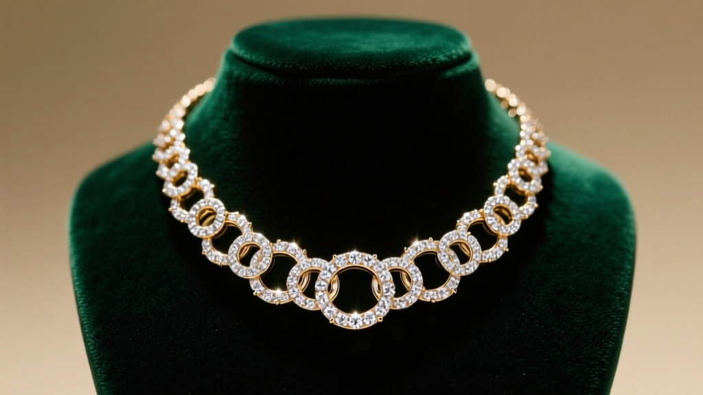14k white gold necklace with interlocking circles and lab diamonds resting on a dark velvet jewelry display bust in warm light