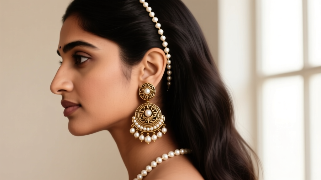 Side profile showing a delicate pearl sahara chain connecting a heavy chandbali Indian earring to the hair, easing lobe tension.