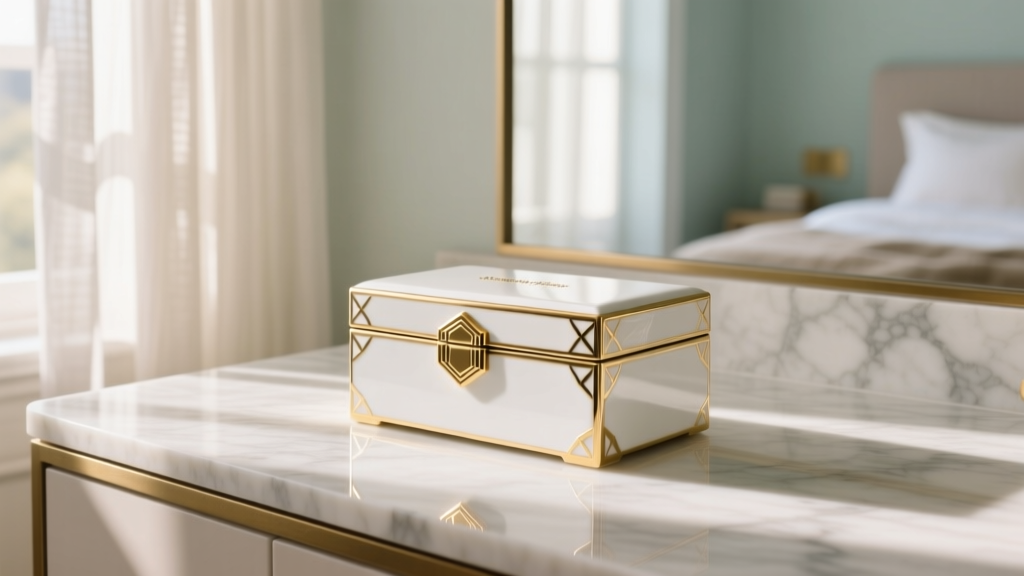 White and gold Jonathan Adler lacquered jewelry box sitting on a marble vanity top, illuminated by soft morning window light.