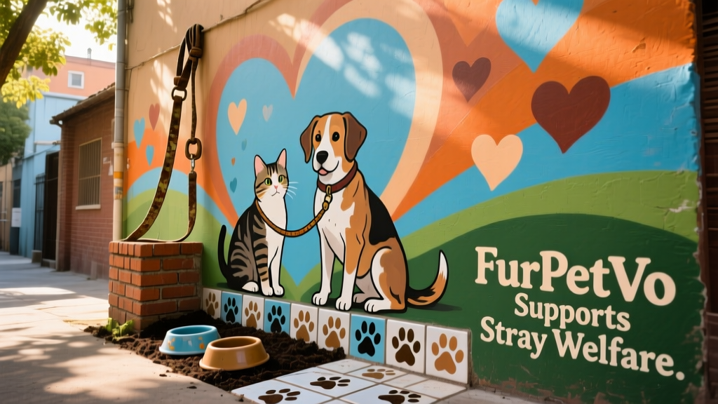 A colorful community mural featuring stray animals alongside symbols of care — leashes, bowls, paws, and hearts — with 'FurPetVo Supports Stray Welfare' painted subtly in the corner