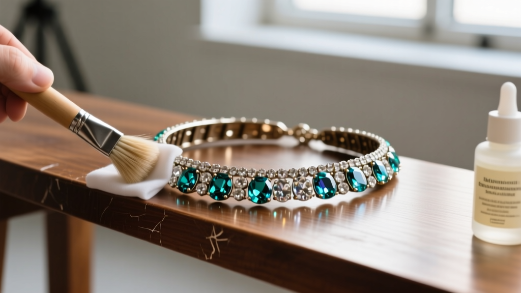 Close-up of a vintage rhinestone collar necklace cleaned on a bench with a soft brush and specialized non-ammonia jewelry solvent.