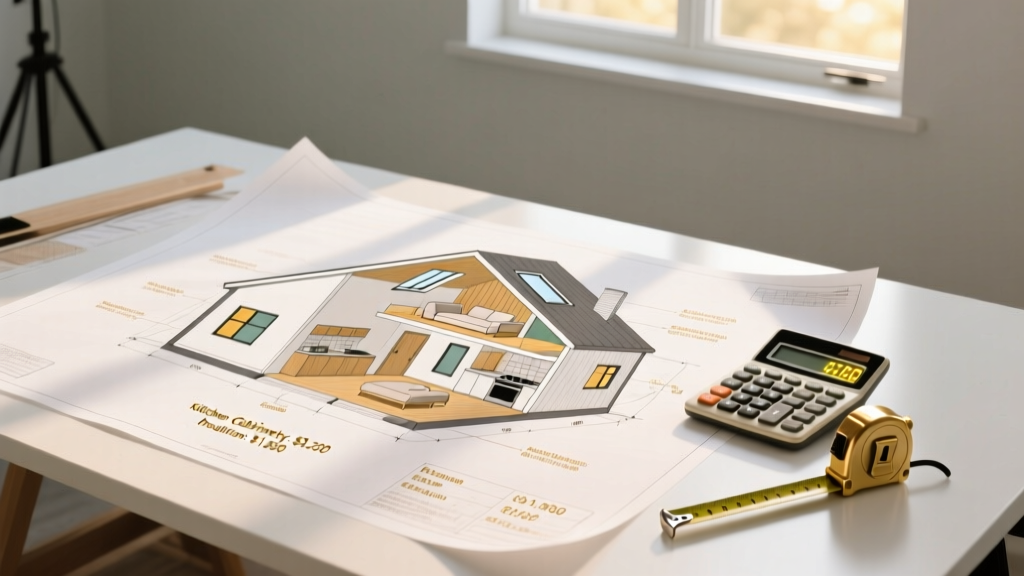 Blueprint of a 600 square foot small house with cost annotations on a drafting table next to a calculator and tape measure