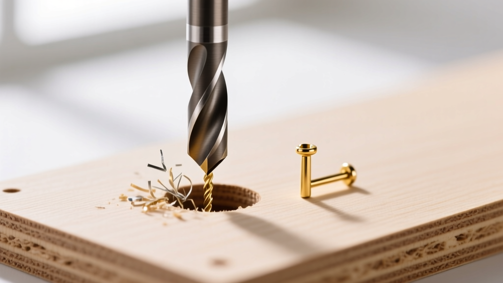 Macro shot of 1.2mm drill bit piercing sealed MDF creating a precise hole for a 20-gauge gold earring post without wood splinters