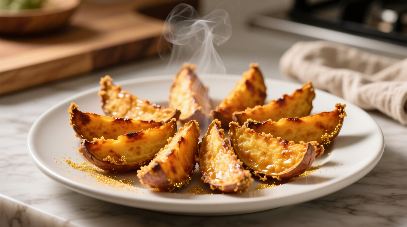 Golden air fried sweet potato wedges with crispy edges