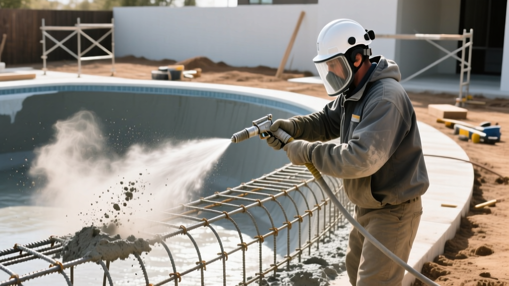 Professional nozzleman spraying dry-mix gunite concrete over a dense steel rebar framework for a custom backyard swimming pool shell