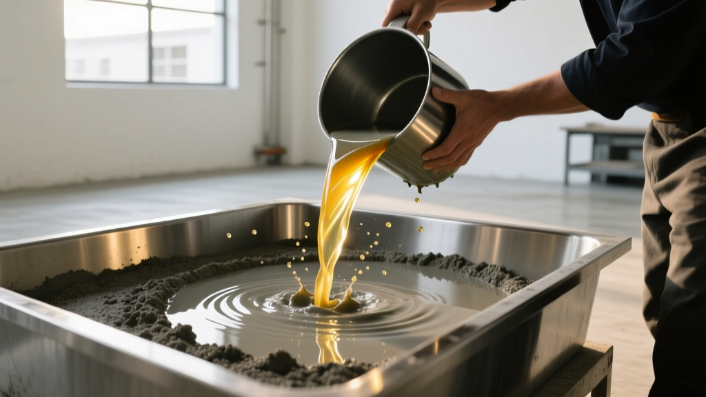 Technician pouring liquid polycarboxylate superplasticizer admixture into fresh concrete mix inside a stainless steel testing pan