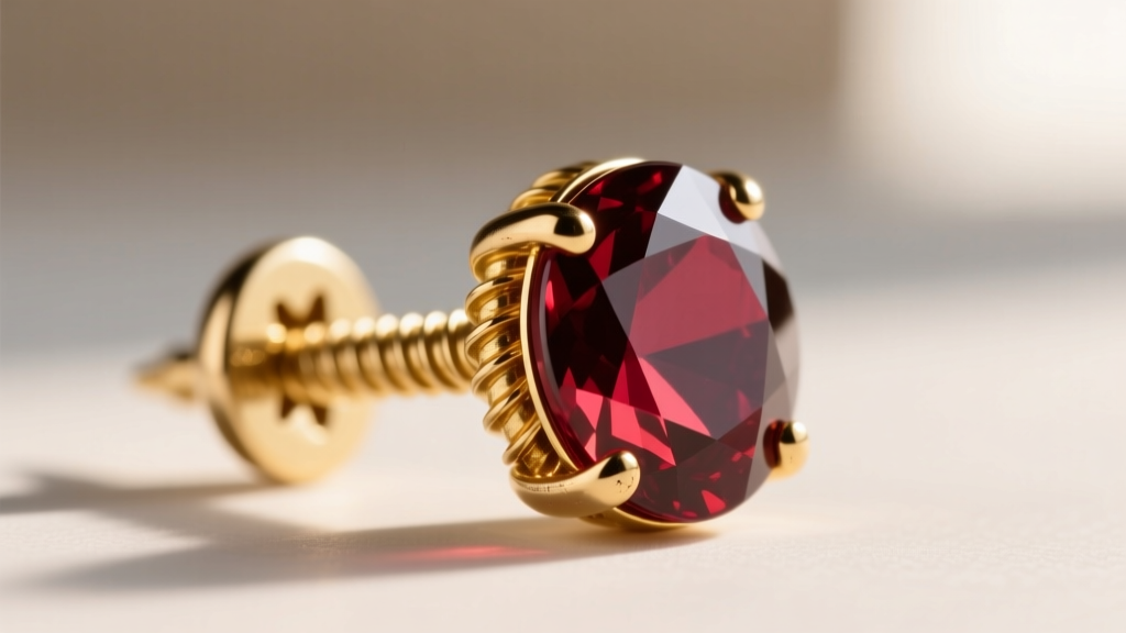 Macro shot of a 20-gauge gold screw-back earring securing a heavy garnet Christmas tree stud, highlighting the threading mechanism.